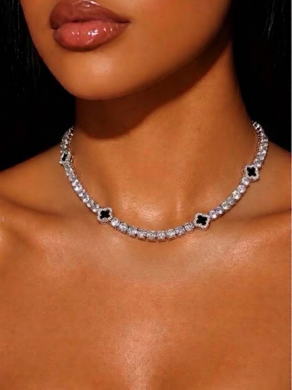 Silver Tennis Necklace with Black Clover Accents 16inch